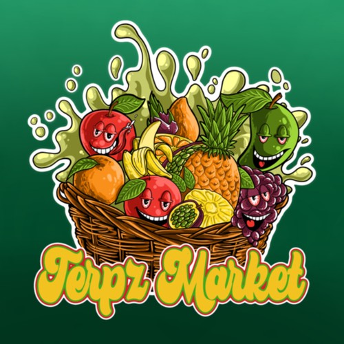 Design a fruit basket logo with faces on high terpene fruits for a cannabis company. Design by middleeye666
