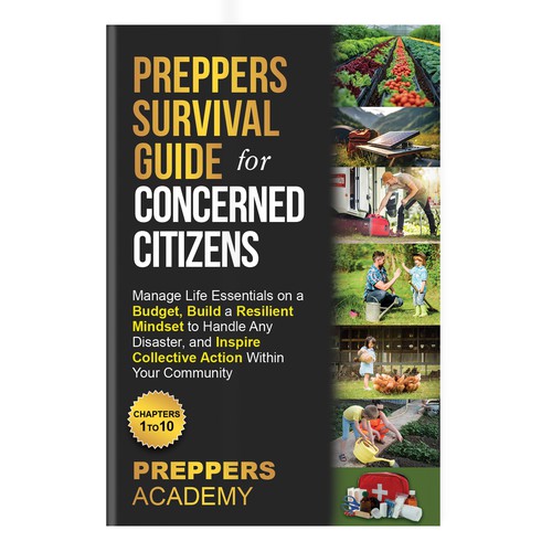 Unique book cover design for a preppers survival guide book that also conveys subject matter Design by Lizaa
