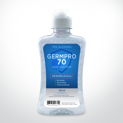 Design a Luxurious and Modern bottle label for Hand Sanitizer Product: GermPro 70!! Design by ag16