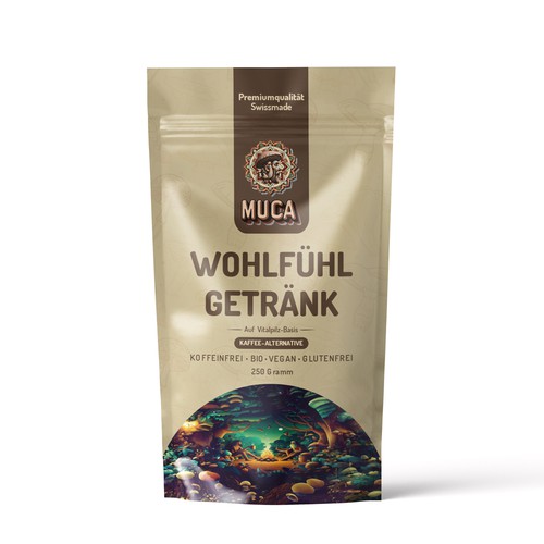 Verpackungsdesign für innovative Kaffee-Alternative und gesunden Kakao-Drink auf Vitalpilz-Basis