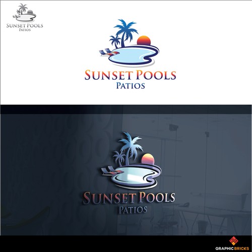 Sunset, Palm Tree & Pool logo for swimming pool construction Logo