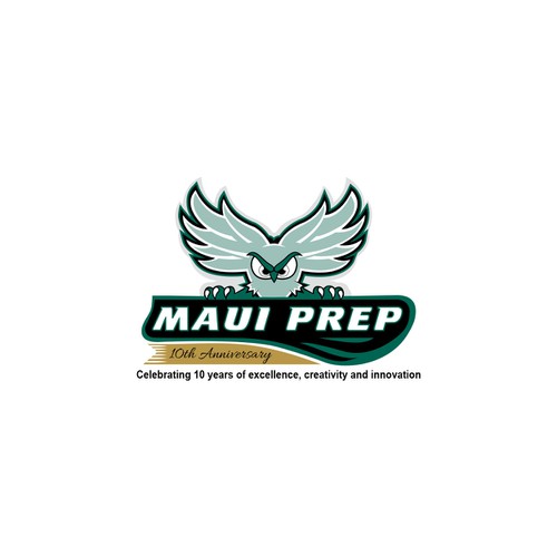 Create a Maui Prep logo with owl mascot to celebrate a 10th year