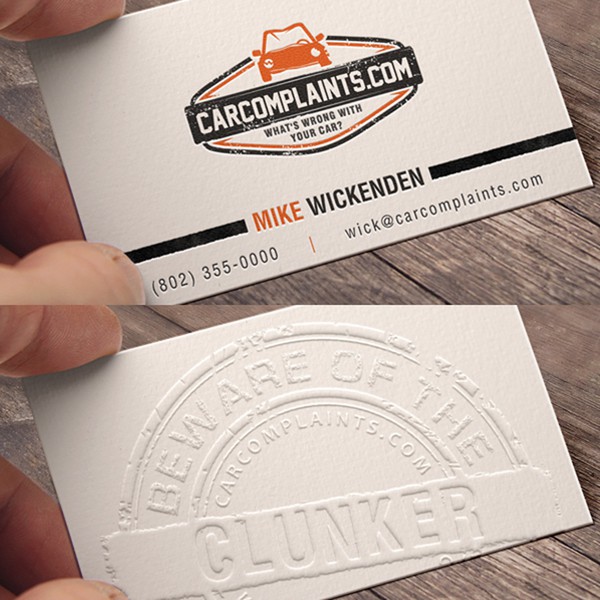 Design by Soham Designs titled "CarComplaints.com business card (stainless steel? letterpress?)"