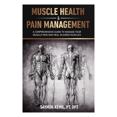 Book cover with a drawing images of the human anatomy combining muscles and bone structure. Design by Inspiremind