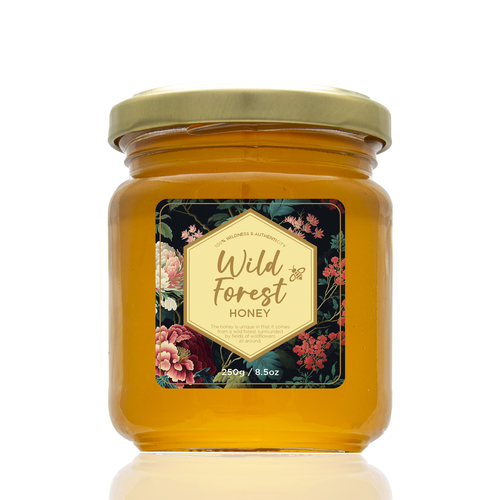 The Bees Need You! Wild Forest Honey Label Design. Design by Leila Amorim