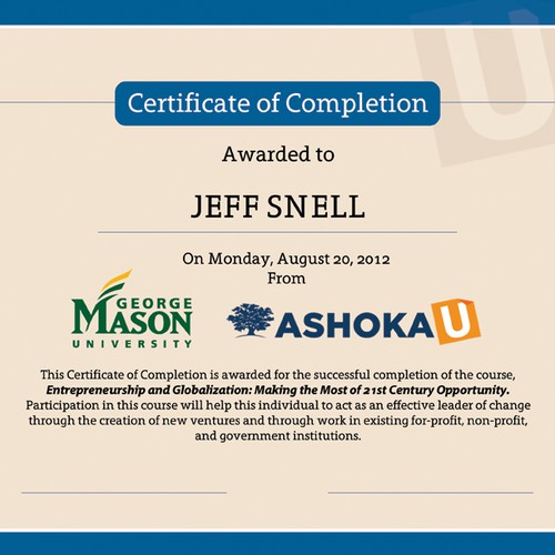 Ashoka U Online needs a new certificate of completion  デザイン by ROCKVIZION GRAPHICS