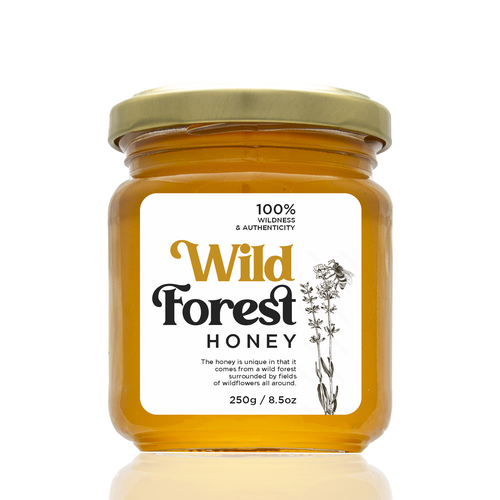 The Bees Need You! Wild Forest Honey Label Design. Design by Leila Amorim