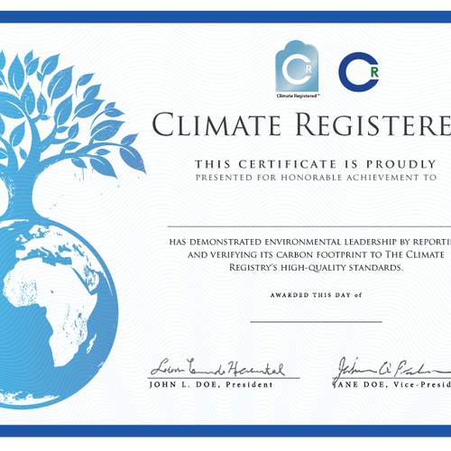 Create a certificate of achievement for The Climate Registry デザイン by w.tieng