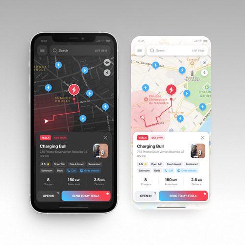 Tesla App to localise charging point on a map Design by Ratko Batinic