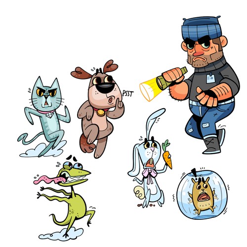 Illustrations for a table top game where animals escape a pet control facility Design by MekareMadness