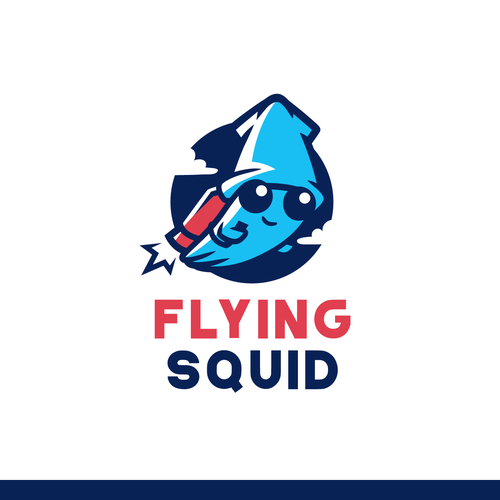 Logo of a squid wearing a jetpack for product named FlyingSquid Design by Rock N Draw