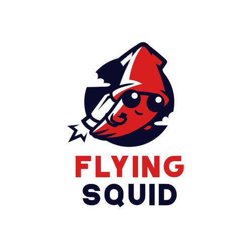 Logo of a squid wearing a jetpack for product named FlyingSquid Design by Rock N Draw