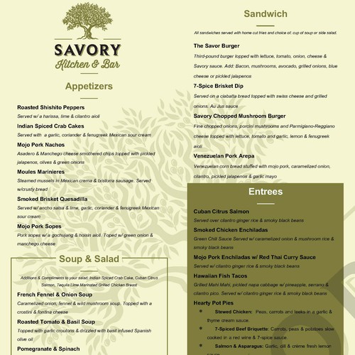 Savory Kitchen & Bar Menu Menu contest