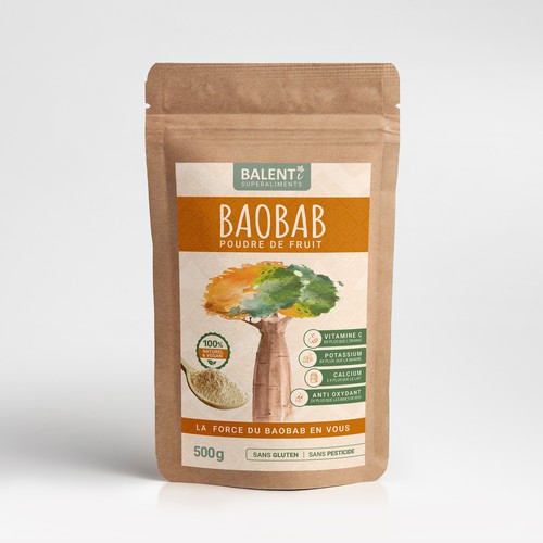 Looking for a calm and powerful packaging for our baobab powder. Design by GIV Designs ★❤◆