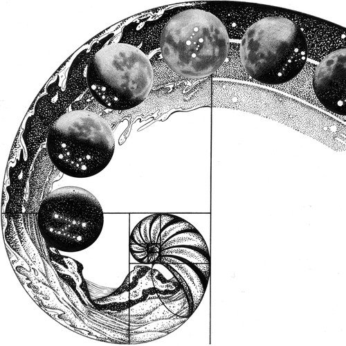 Moon and fibonacci spiral artwork for a unique tattoo design, simple dising  on Craiyon