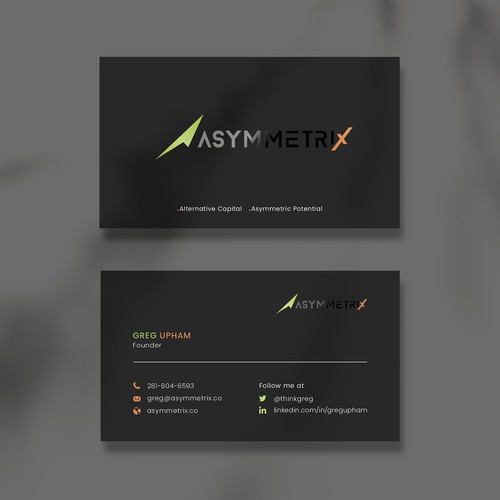 Design a cool, edgey but sophisticated business card for an alternative investment firm. Design von Saman Osama