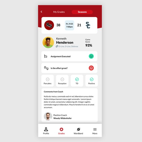 "Tech savvy APP for American football high school players to see game grades after games!" Design by StudioQ
