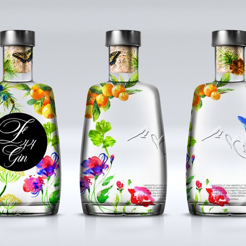 Gin Bottle & packaging design + merchandising Design by bcra