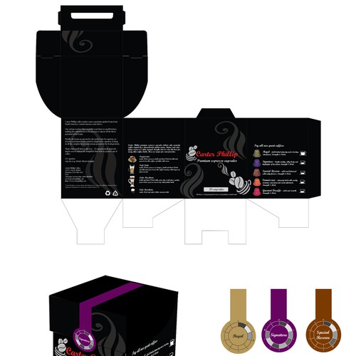 Design an espresso coffee box package. Modern, international, exclusive. Design by dankataa