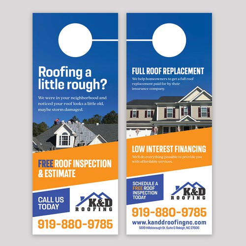 Need an ATTRACTIVE door hanger for K&D Roofing! Diseño de Jordon