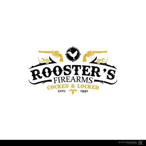 Create a western/vintage logo for a gun store called Rooster's Gun ...