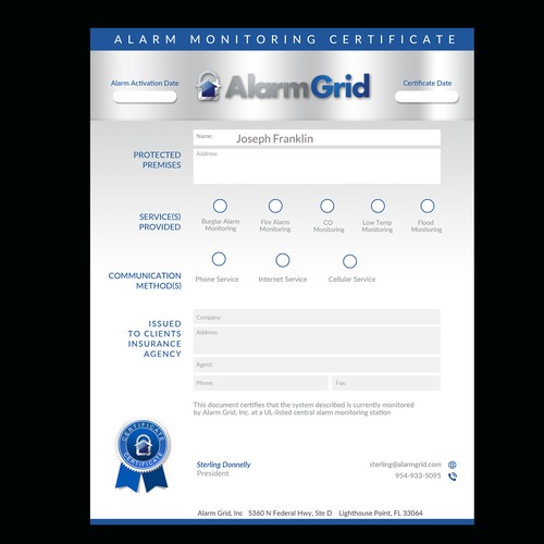 Alarm Monitoring Certificate PDF for Insurance Providers Stationery