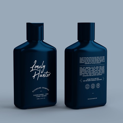 Minimalist shampoo bottle design for approachable male hair brand Design by CUPEDIUM