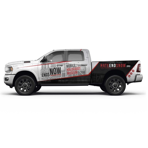 Design by dnxdesign titled "Design a truck wrap for a pickup truck that tows a mobile Holocaust museum"