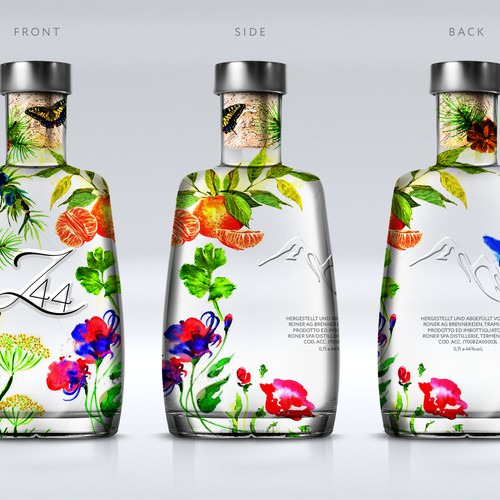 Gin Bottle & packaging design + merchandising Design by bcra