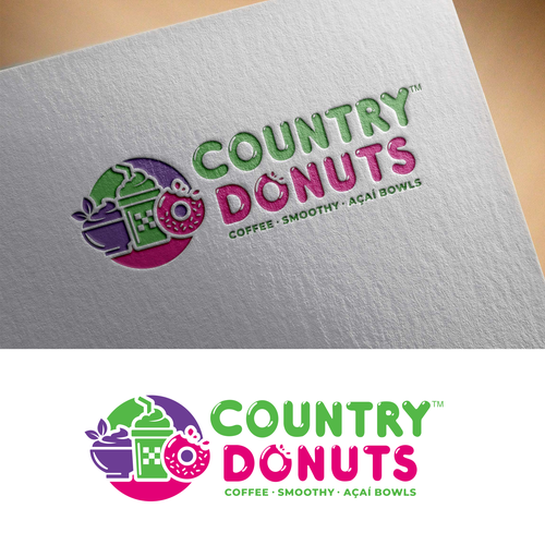 We need a modern exciting logo to encompasses our Name Country Donuts Coffee smoothy bowls Design réalisé par crapit