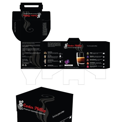 Design an espresso coffee box package. Modern, international, exclusive. Design by dankataa
