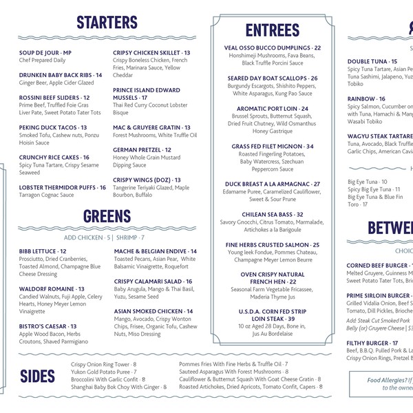 Menu for grill restaurant