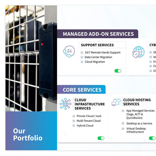 Show our portfolio and the benefit of each service in a bright, clean/clear way Design by Sajalonfire