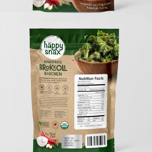 Verpackungsdesign für Doypack Gemüsechips: Vakuum frittierte Brokkoli Chips Design by Creative Selection