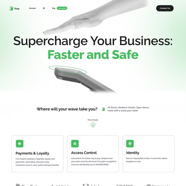 Powerful landing page for identity & payments platform using biometrics