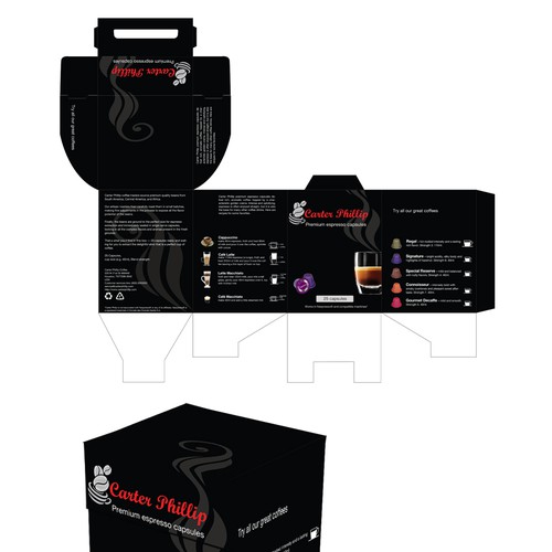 Design an espresso coffee box package. Modern, international, exclusive. Design by dankataa