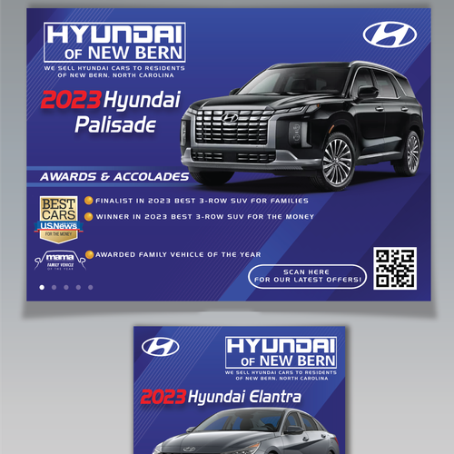 Flyer for Hyundai car dealership showing off the new Palisade and Elantra Design by CreativeCurveDesigns