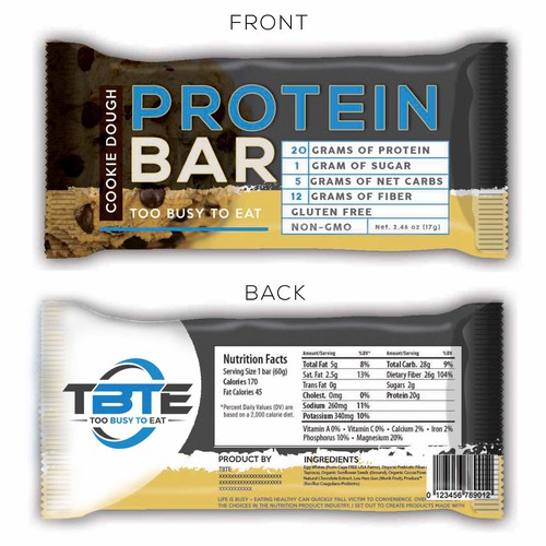 Design a unique protein bar wrapper for Too Busy To Eat Design by bow wow wow