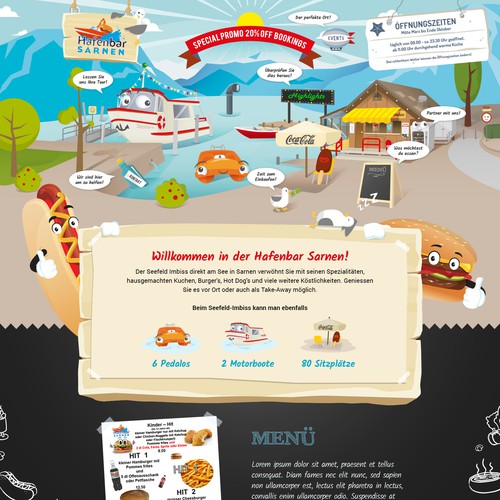 FUNNY web design needed for our snack bar with pedalo & boat rental. The design should be built around our illustration Design by j u s t e