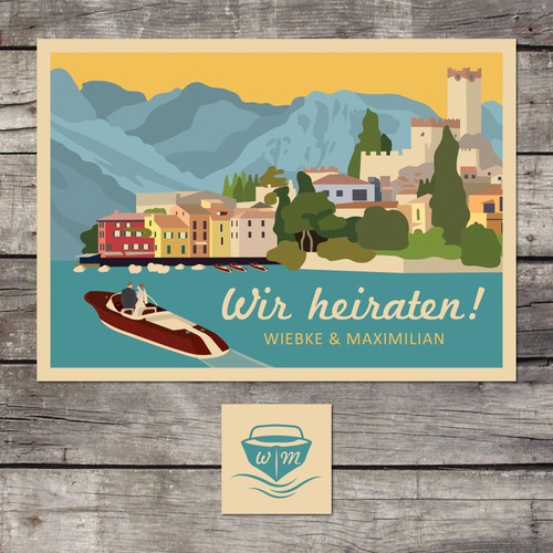 Stylish Colourful Vintage-Travel-Poster-Style German-Italian Wedding Invitation Card Réalisé par Jelena 021
