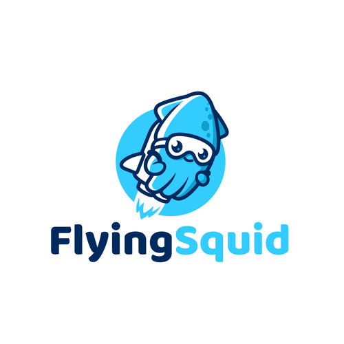 Logo of a squid wearing a jetpack for product named FlyingSquid Design by PatricioDesigns