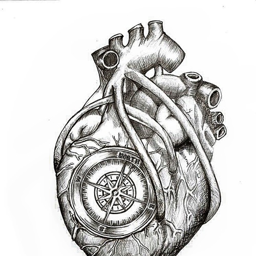 Greyscale Drawing of Da Vinci Anatomical Heart w/ Nautical Compass for Tattoo Design by Arewy