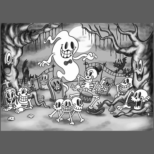 Illustrate a spooky Halloween scene in a traditional 'rubber hose' style Design by ifux