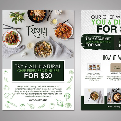 Create a clear and captivating promotional insert for Freshly, a healthy food service Diseño de FuturisticBug