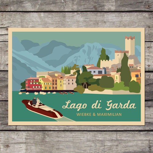 Stylish Colourful Vintage-Travel-Poster-Style German-Italian Wedding Invitation Card Design von Jelena 021