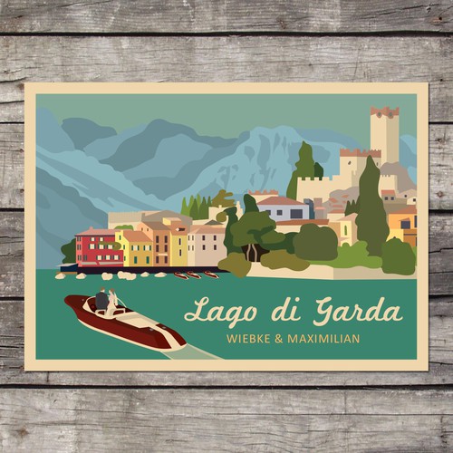 Stylish Colourful Vintage-Travel-Poster-Style German-Italian Wedding Invitation Card Réalisé par Jelena 021