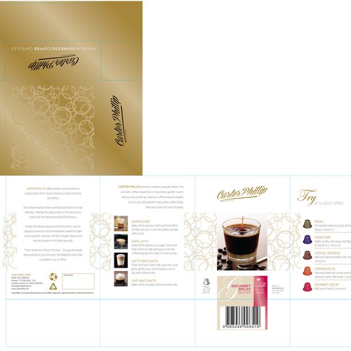 Design an espresso coffee box package. Modern, international, exclusive. Diseño de Sonia Maggi