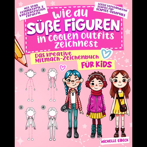 Design a creative cute cover for a children's drawing book with cute Characters Design by Asra.