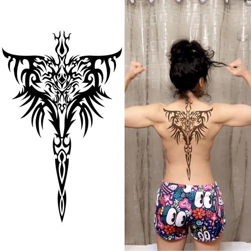 Back sword tatto, represents power, warrior's sword, with a dragon face on the circle of the swords handle Design by Crystallize