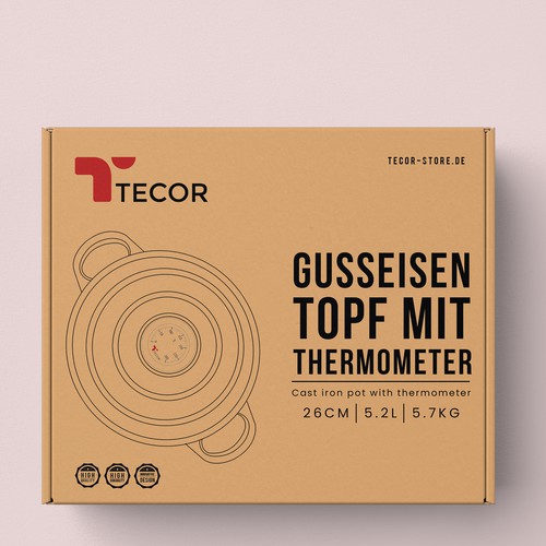 Packaging design for a cast iron pot with Thermometer from TECOR.  Logo available!! Design by United Monks